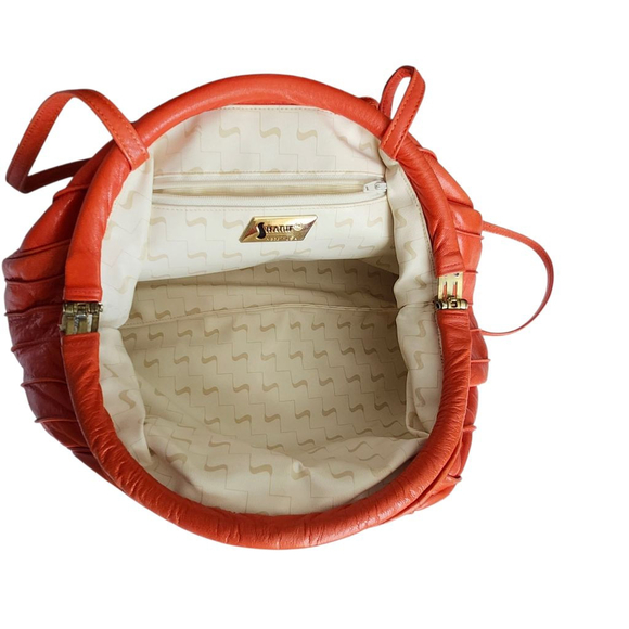Vtg 80s/90s Sharif 1827 Shoulder Bag Pleated Orange Leather Tassel Metal Accents - Picture 4 of 7
